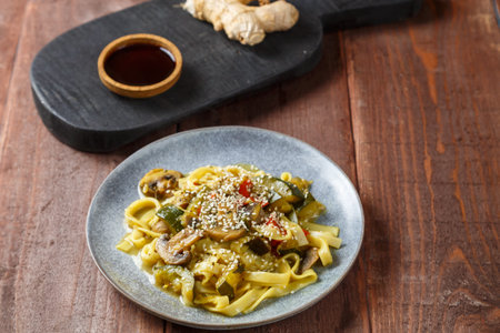 A gray plate with udon vegetables and gibs sprinkled with sesame seeds on a wooden table next to ginger and soy sauce on a board. horizontal photoの写真素材