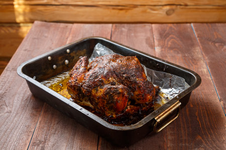 Baked whole chicken in spices golden brown on a baking sheet. horizontal photoの写真素材