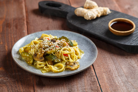 Gray plate with udon vegetables mushrooms and sesame seeds rowed on a board with soy sauce and ginger. horizontal photoの写真素材