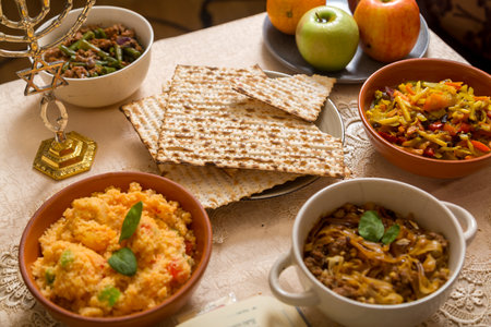 Shabbat set table with couscous, vegetables with meat, matzah and menorah. horizontal photoの写真素材