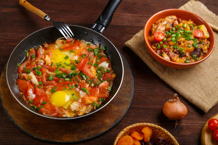 Jewish food hot cholent and shakshuka on a laid Shabbat table. horizontal photoの写真素材