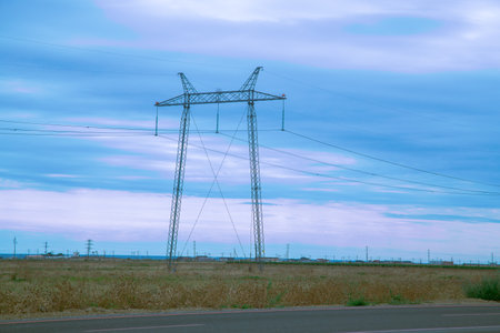 Power lines along the road in the scorched steppe against the background of the evening sky. horizontal photoの写真素材