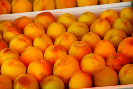 Fresh juicy ripe peaches on the market in boxesの写真素材