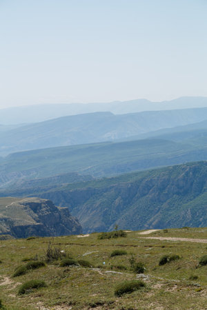 Mountains covered with vegetation in a haze on a sunny day. Vertical photoの写真素材