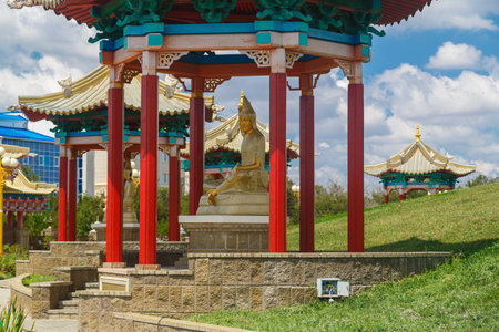 July 25, 2023. Russia, Republic of Kalmykia, Elista, Buddhist temple Golden Abode of Buddha Shakyamuni, statues of deities.のeditorial素材