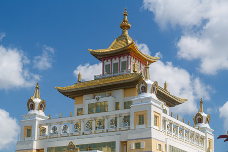July 25, 2023. Russia, Republic of Kalmykia, Elista, Buddhist temple Golden Abode of Buddha Shakyamuni, bottom view.のeditorial素材