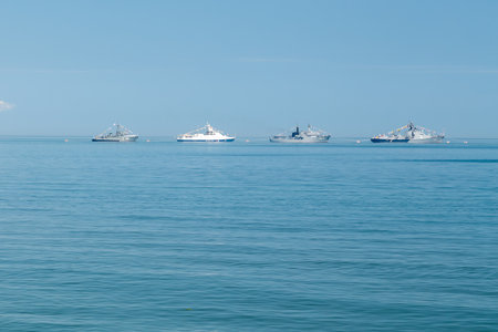 July 30, 2023, Republic of Dagestan, Kaspiysk, Navy Day, parade of ships at sea.のeditorial素材