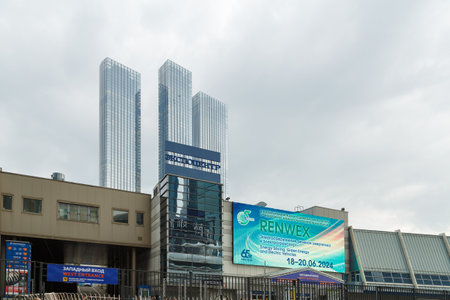September 21, 2023 Russia Moscow international exhibition business center Moscow City against the background of a cloudy skyのeditorial素材
