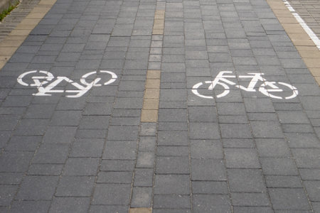 Two-lane bicycle path with painted signs and paved road tiles. horizontal photoの写真素材