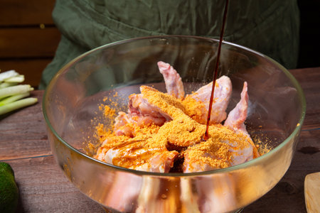 Soy sauce is poured into a glass plate with chicken wings with golden spices. horizontal photoの写真素材