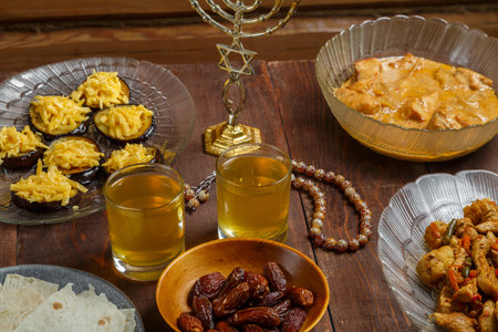 Shabbat table for a family meal with traditional holiday dishes and drinks. Horizontal photo.