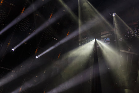colored light rays from lighting guns demonstration. horizontal photo