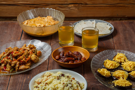 set table meat bread couscous uzvar for a meal holiday of sacrifice Kurban Bayram. horizontal photo