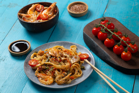 shrimp udon pad thai sauce gray plate on a blue table next to cherry tomatoes soy sauce and chopsticks. horizontal photoの写真素材