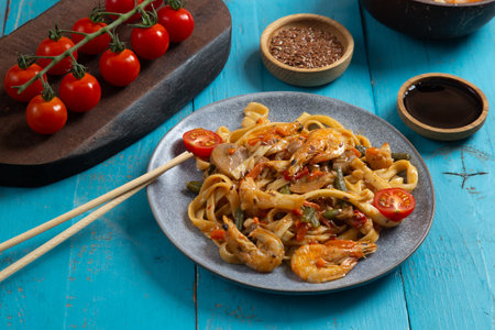 shrimp udon yaki soba sauce on a blue table next to cherry tomatoes soy sauce and chopsticks. horizontal photoの写真素材