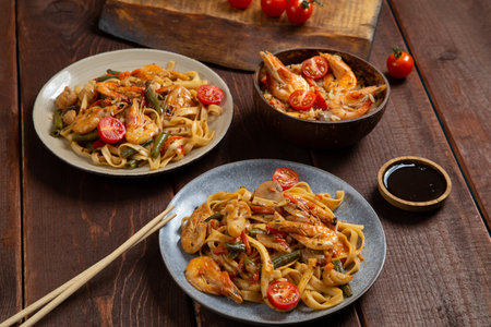 Rice with shrimp and udon in yaki soba sauce on a wooden table next to cherry tomatoes, soy sauce and chopsticks. horizontal photoの写真素材