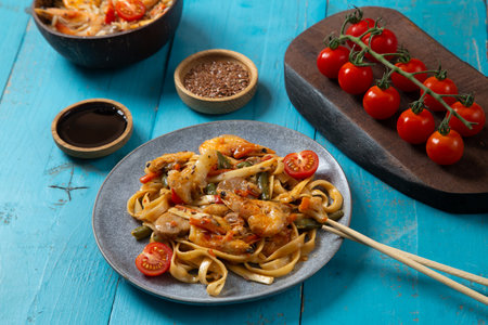 shrimp and udon vegetables pad thai sauce and chopsticks and soy sauce on a blue table. .Horizontal photoの写真素材