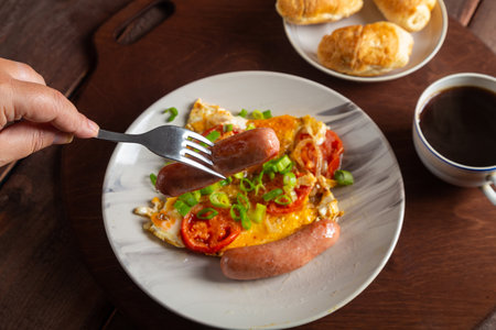 Eggs with tomatoes and sausage in a plate on the table of coffee and a croissant of sausage on a fork in the air above the plate. horizontal photoの写真素材