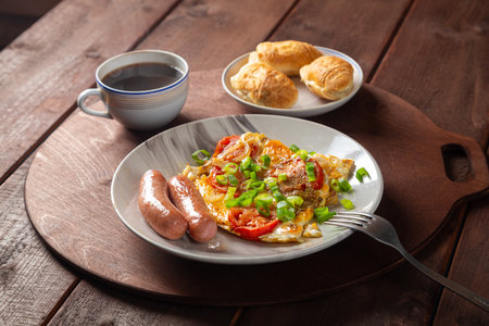 Eggs with tomatoes and sausages in a plate on a wooden table of coffee and croissants on a round stand. Horizontal photo.の写真素材