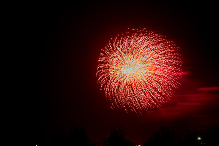 Purple and gold sparks of fireworks on the black sky. Horizontal photo.の写真素材