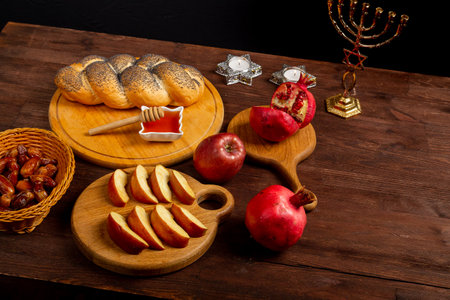 Fresh challah, honey, apple and pomegranate and burning candles on a wooden table with menorah Rosh Hashanah holiday. horizontal photoの写真素材