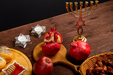challah, honey, apple and pomegranate and burning candles on the table holiday meal Rosh Hashanah. horizontal photoの写真素材