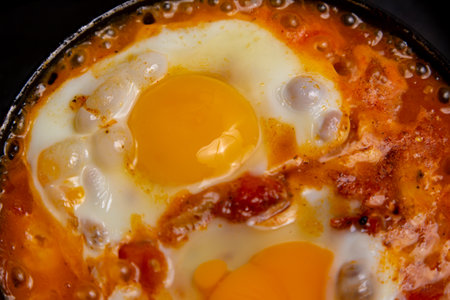 Shakshuka with tomatoes, peppers and onions is fried in a frying pan. Close-up. Horizontal photo.の写真素材