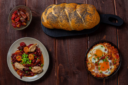 Jewish food shakshuka tzimmes with beans and dried fruits and fresh challah on the table. horizontal...