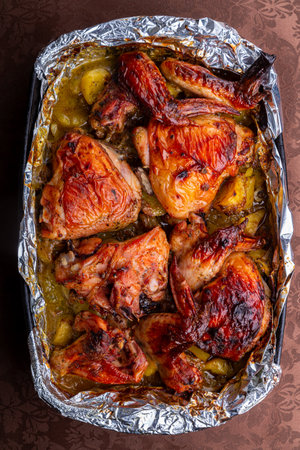 Chicken pieces baked with potatoes in spices on foil. Vertical photo.の写真素材