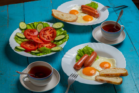 Breakfast for two persons fried eggs with sausages crispy white bread vegetable salad and tea on a blue wooden table. Horizontal photo.の写真素材