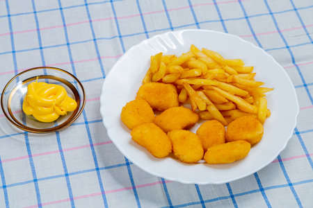 French fries and crispy nuggets in a plate on a white checkered tablecloth next to cheese sauce. Horizontal photo.の写真素材
