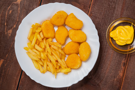 French fries and golden nuggets with cheese sauce on a wooden table. Horizontal photo.の写真素材