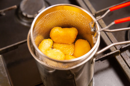 Nuggets in boiling oil in a deep fryer on a stove in a home kitchen. Horizontal photo.の写真素材