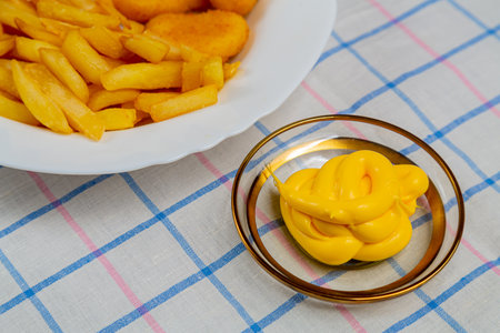 French fries and golden nuggets with cheese sauce on tablecloth fragment. Horizontal photo.の写真素材