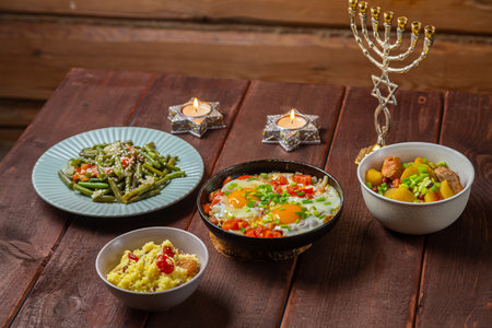 A set table on the eve of Shabbat, with food, burning candles and a menorah on it. Horizontal photo.の写真素材