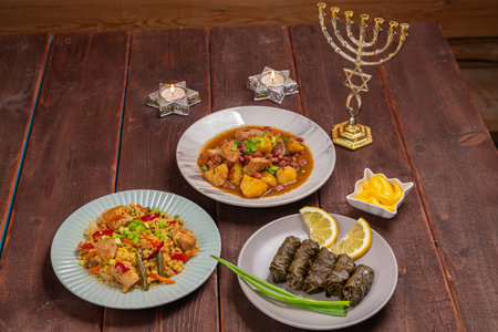 Menorah lighted candles in candlesticks with the Star of David at the set table chelnt, bulgr dolma traditional food on Shabbat. Horizontal photo.の写真素材