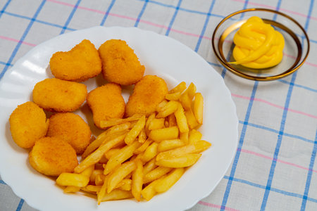 French fries and golden nuggets in a plate on a white checkered tablecloth next to cheese sauce. Horizontal photo.の写真素材