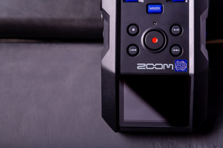 illustrative editorial content, zoom h6 essential sound recorder fragment on a gray background Horizontal photoの写真素材
