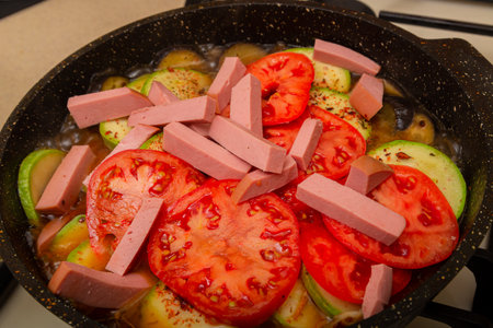 Vegetables with sausage cut into strips are fried in a frying pan. Medium shot.の写真素材