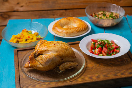 Couscous with dried hands and turmeric, whole baked chicken on a wooden tray, flatbread, and...