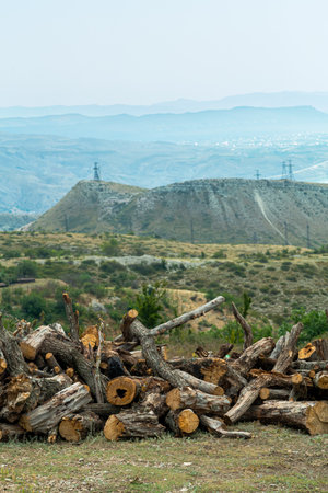 Fragments of stones and rocks blocked the path against the backdrop of mountains and sky. Vertical photoの写真素材