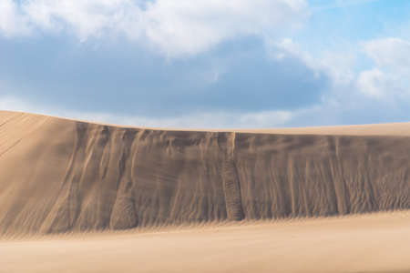 Windy desert sand dune in Denmark. Small streams of sand shows how much the dunes move. Beautiful cloudy sky.の写真素材