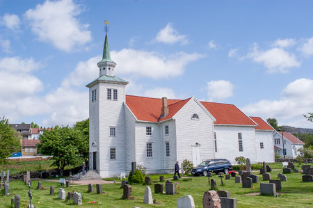 Spangereid, Norway - May 14 2004: Spangereid church, built in the 1100s.のeditorial素材