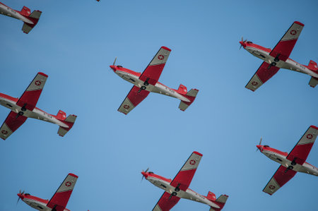 Gothenburg, Sweden - August 29 2010: The swiss PC-7 Team performing at Gothenburg Aero Show.