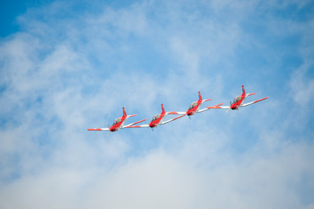 Gothenburg, Sweden - August 29 2010: The swiss PC-7 Team performing at Gothenburg Aero Show.