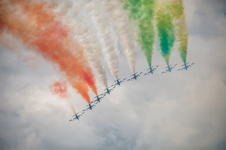 Gothenburg, Sweden - August 29 2010: Frecce Tricolori, 313° Gruppo Addestramento Acrobatico, performing at Gothenburg Aero Show.のeditorial素材