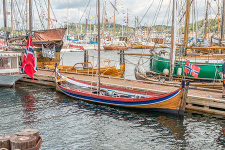 Sandefjord, Norway - July 18 2015: Traditional norwegian wooden sailing and rowing boat.のeditorial素材