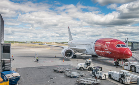Gardermoen, Norway - July 20 2016:  Norwegian Air Shuttle ASA Boeing 787-8 Dreamliner LN-LNF parked on the apron at Gardermoen OSL.のeditorial素材