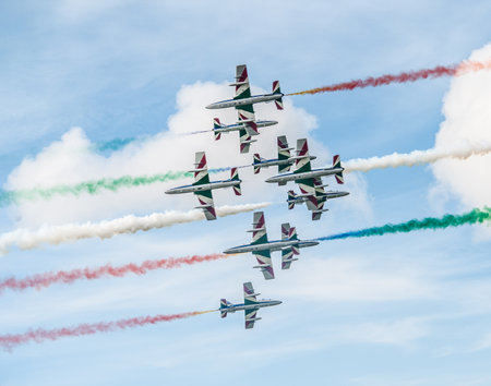 Gothenburg, Sweden - August 29 2010: Frecce Tricolori, 313° Gruppo Addestramento Acrobatico, performing at Gothenburg Aero Show.のeditorial素材
