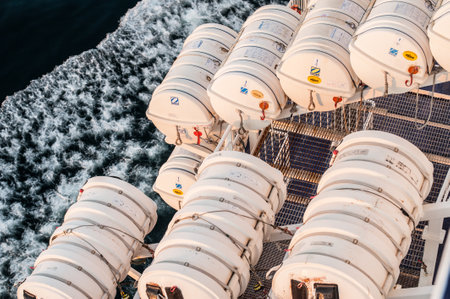 Frederikshavn, Denmark April 24 2011:  Life rafts of the passenger ferry Stena Jutlandica in sunset on a voyage from Frederikshavn, Denmark to Gotheburg, Sweden. 2011-04-24のeditorial素材